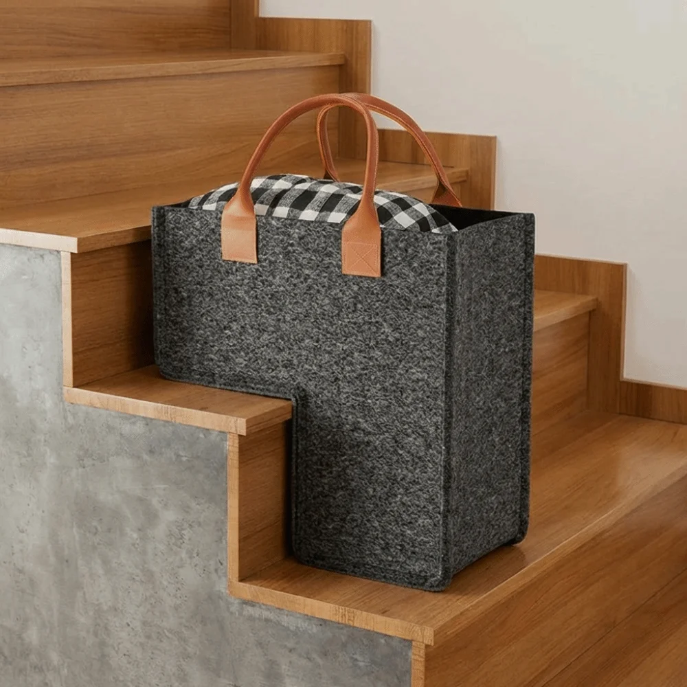 Large Capacity L Shaped Felt Basket Space Saving Washable Stair Steps Clothes Basket with Handles Folding Ladder Basket Office