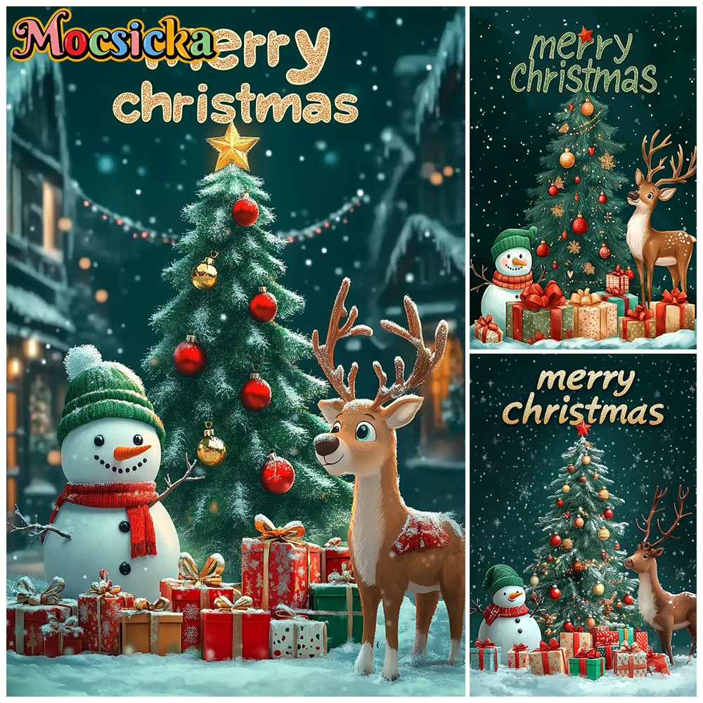 

Mocsicka Merry Christmas Photography Backdrop Snowman Reindeer Xmas Tree Gifts Background Kids Family Holiday Photoshoot Banner