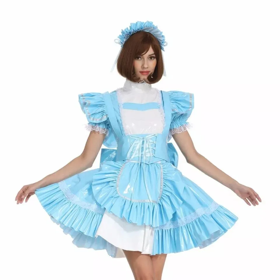 

Adult sissy PVC blue ruffled big bow dress maid cosplay costume customized