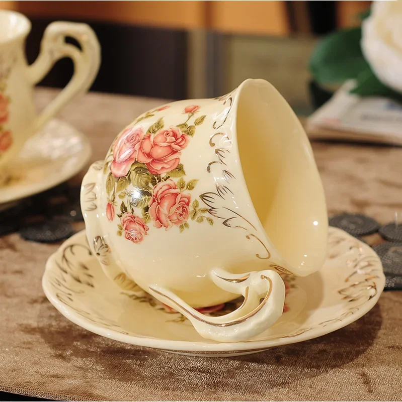 Rice Gold Rose Tea Set 800ml Bone China Teapot Coffee Cup Saucer Set Afternoon Tea Cup 225ml Drink Cup Kitchen Bar Supplies