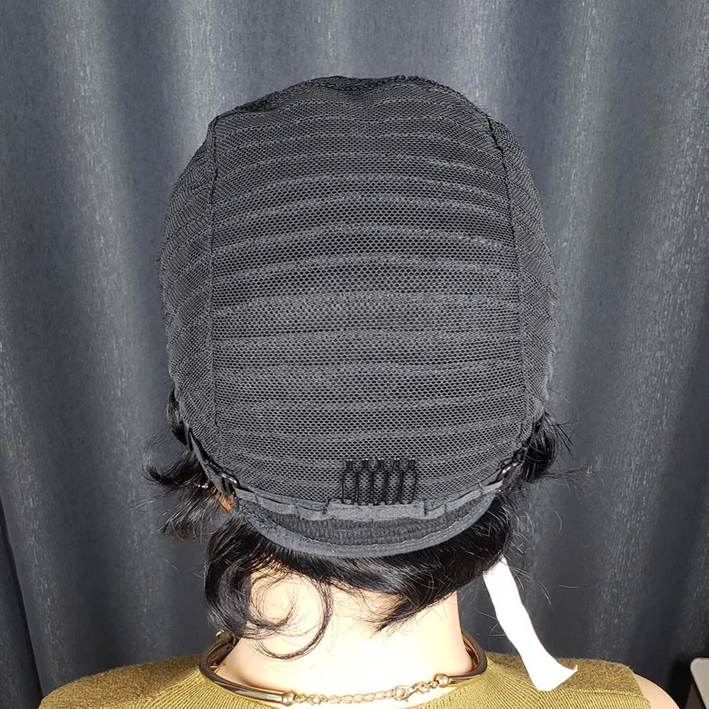 짧은 곱슬 픽시컷 가발 핑거 오션 웨이브 가발 흑인 여성용 레미 인모 숏 레이어드 머신 메이드 밥 가발