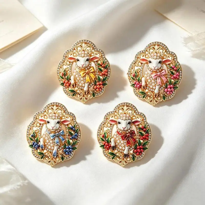 Cute Sheep Themed Brooch Sparkly Rhinestone French Court Lapel Pin for Dress Scarf Clothing Accessory