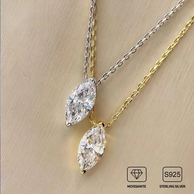 

Marquise Cut Moissanite Necklace For Women Genuine s925 Sterling Silver Solitaire Pendant Necklace Clavicle Chain Jewelry