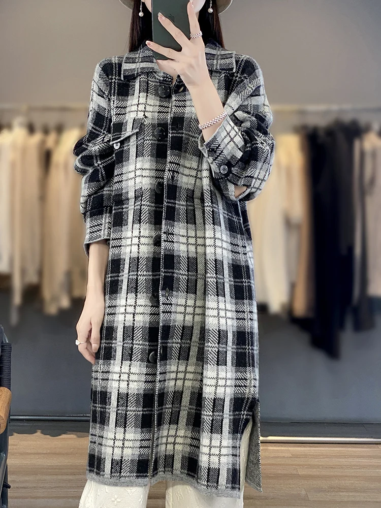 

New black and white cashmere coat in autumn and winter long knitted cardigan coat lapel long sleeve shirt female