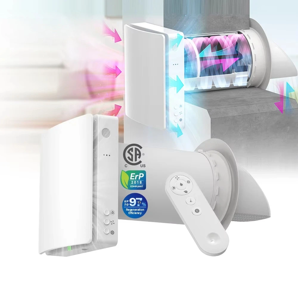 Heat Recovery Ventilation Wall Mounted Reversible Ec Fan 30M Wireless Control Living Room Heat Exchanger Core Air to Air