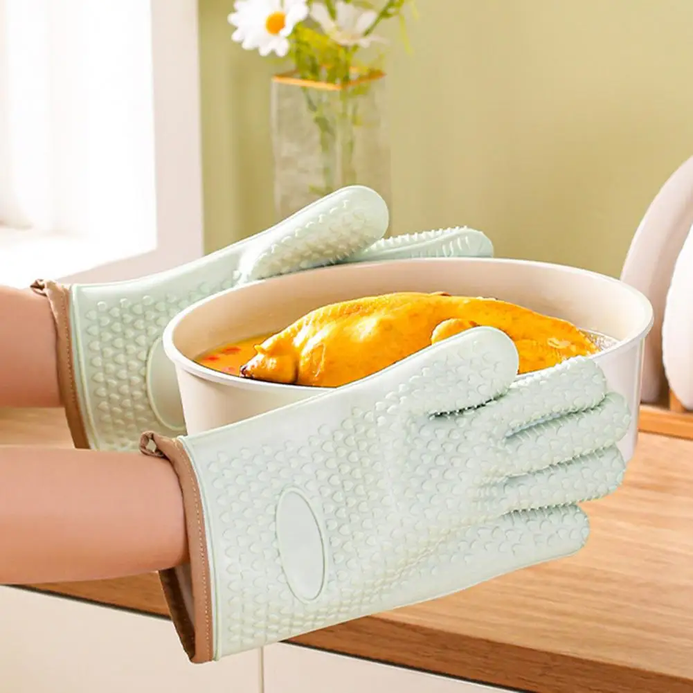 1Pc Baking Glove Silicone Ultra-thick Microwave Mitt Non-slip Texture Anti-scald Oven Mitt Super Soft with Lanyard Oven Glove