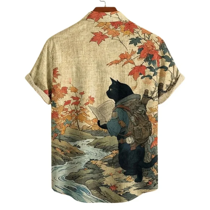 Fashion Summer Cat Japanese Style Shirts Casual Loose Short Sleeve Single Breast Harajuku Chic Tops Oversized Tees Male