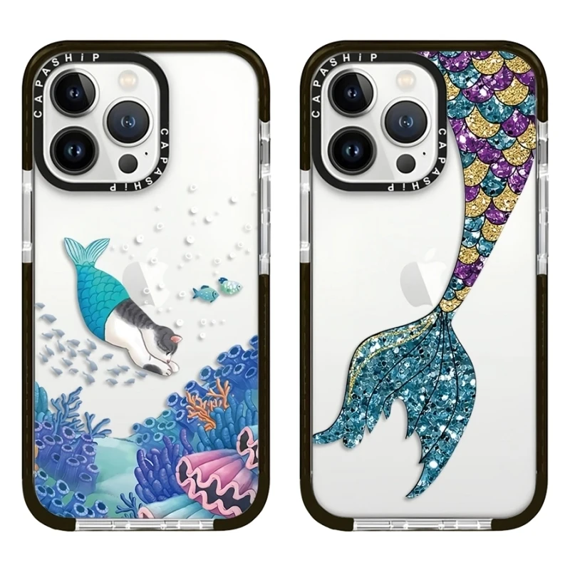 Cartoon Cats Mermaid Shiny Fish Tail Case For iPhone 15 14 13 12 11 Pro X XS XR Max 7 8 Plus SE Soft TPU Shockproof Back Cover