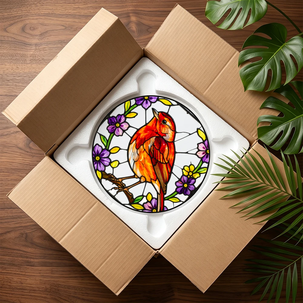 Stained Glass Suncatcher Round Tropical Sunset Beach Palm Tree Hibiscus Flower Window Hanging Decor Home Garden Gift