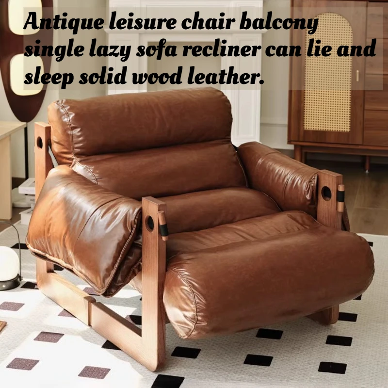 American Vintage Jersey Lounge Chair Solid Wood Genuine Leather Waxed Finish Recliner Accent Armchair For Living Room Balcony
