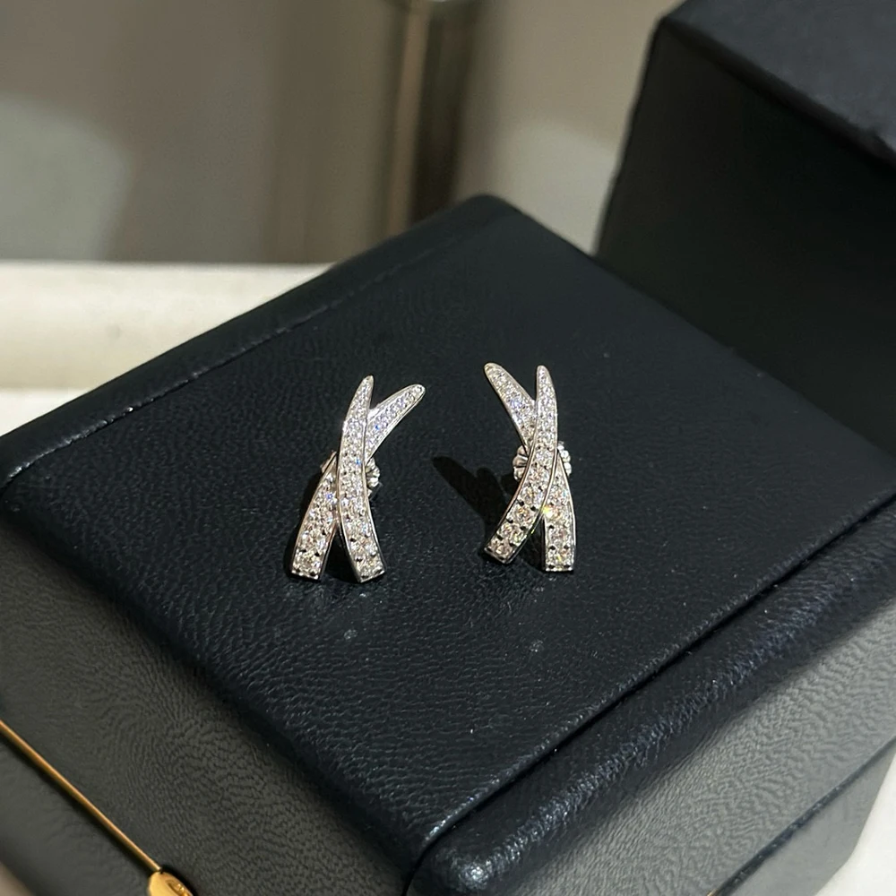 

Pure 925 Sterling Silver Jewelry Bohemia Classic Earrings Luxury Cross X Design Wedding Fashion Party Silver Diamond Earrings