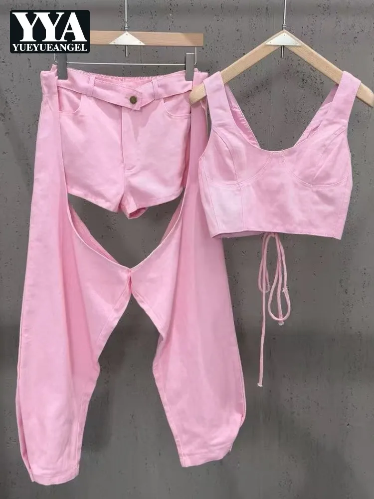 Leisure Ladies Stand Collar Long Sleeves Jacket Button Pants Strap Vest Three Piece Set Fashion Solid Color Loose Matching Set