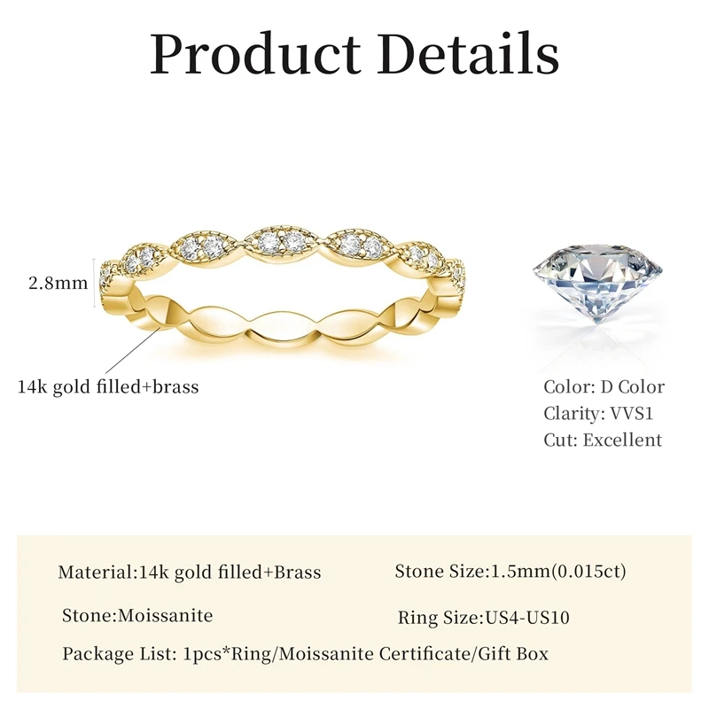 Lnngy Round 1.5mm Full Moissanite Stacking Eternity Ring for Women 14K Gold Filled Wedding Band Sparkling Fine Jewelry Gift