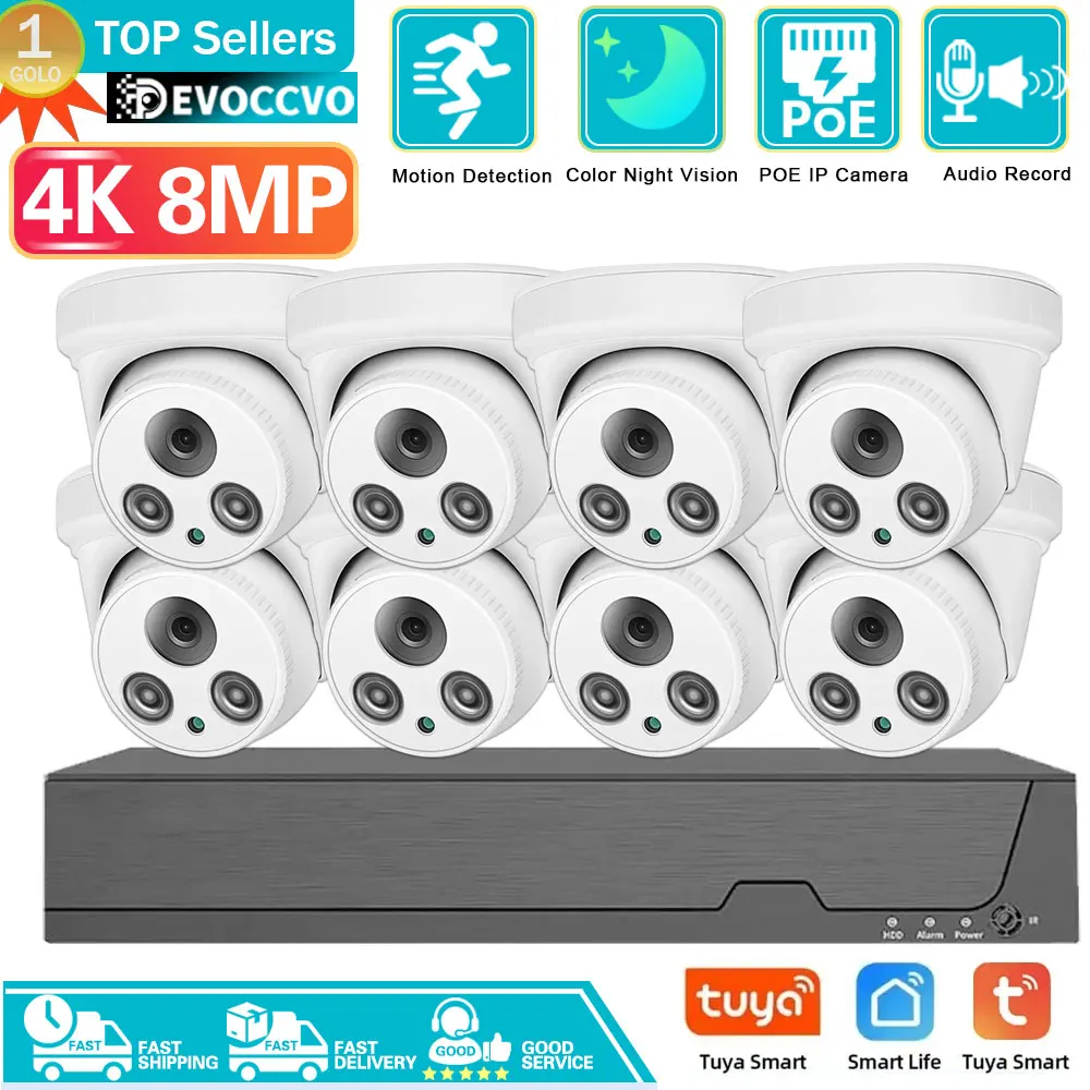 

Tuya Smart Life Home 8.0MP 4K 8CH 8MP Waterproof Audio POE Security IP Camera System With TuyaSmart APP Control Color Night Set