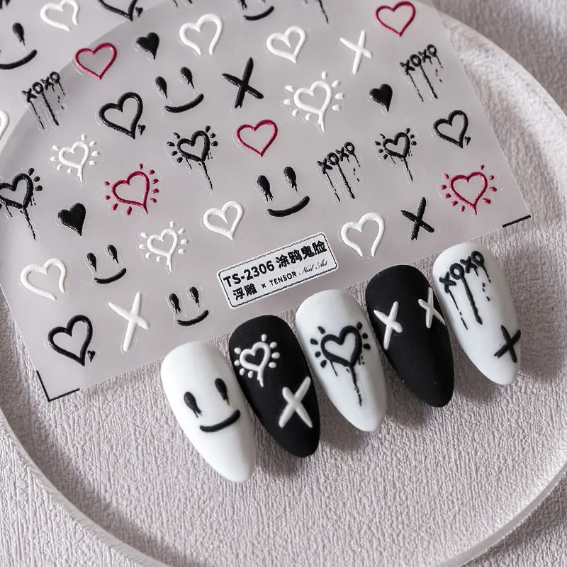 1 Sheet 5D Realistic Relief Black White Red Heart X Grimace Graffiti Adhesive Nail Art Stickers Decals Manicure Charms Suppliers