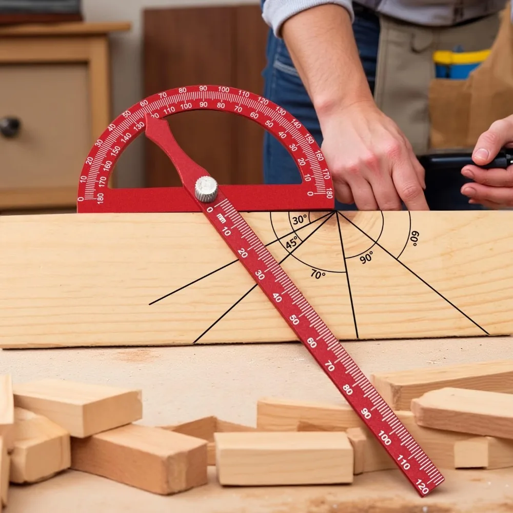 Adjustable 180° Woodworking Half Circle Ruler with Protractor - Aluminum Scriber Gauge Wood Measuring Tool