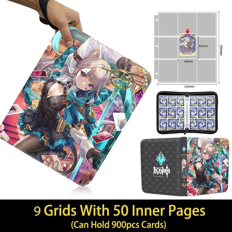 Genshin Impact Card Binder Collector Book Folder 4/9 Pocket Zipper Anime Trading Game Card Album Holder con 50 pagine interne