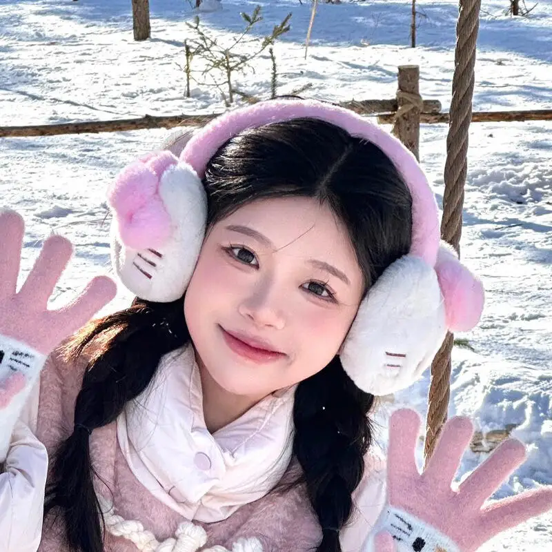 Милые мягкие плюшевые теплые наушники Sanrio Hello Kitty, розовые наушники Kt Cat, зимние уличные защитные наушники от холода, чехлы для ушей, подарки