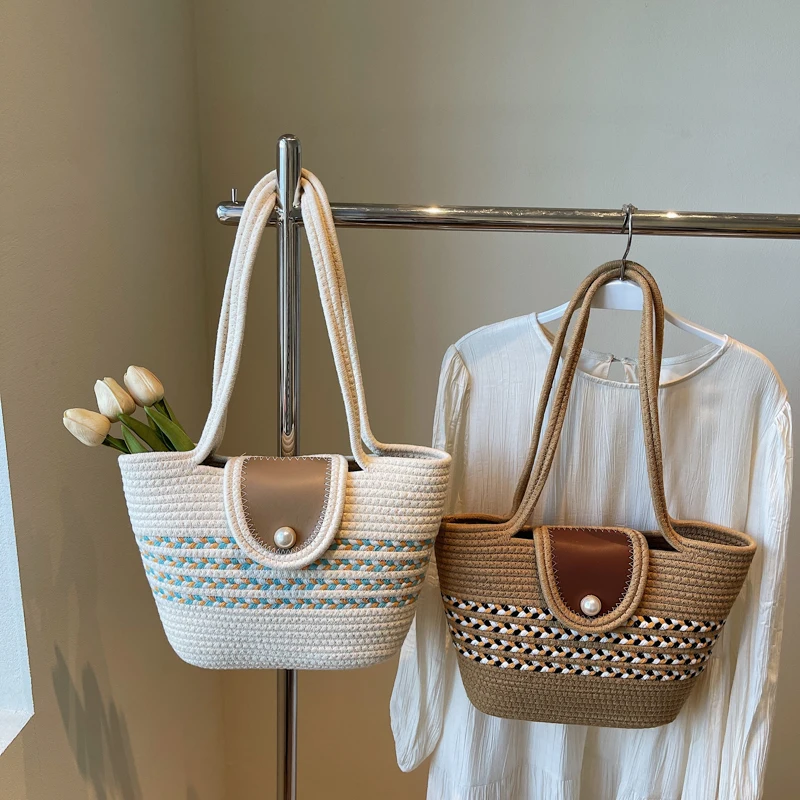 

Hot Selling Fashion Summer Portable Handmade Woven Bucket Tote Bags Large Women Leisure Handbags Travel Beach Shoulder Bags