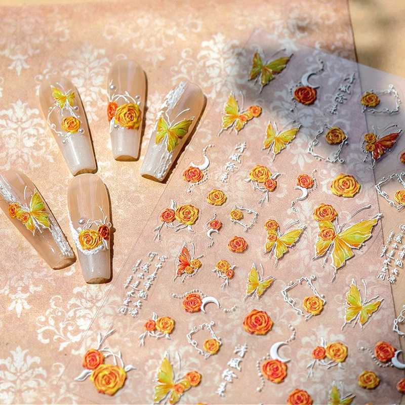 

Yellow Green Orange Butterfly Rose Moon Ancient Poem 5D Reliefs Self Adhesive Nail Stickers 3D Jelly Manicure Decals Wholesale