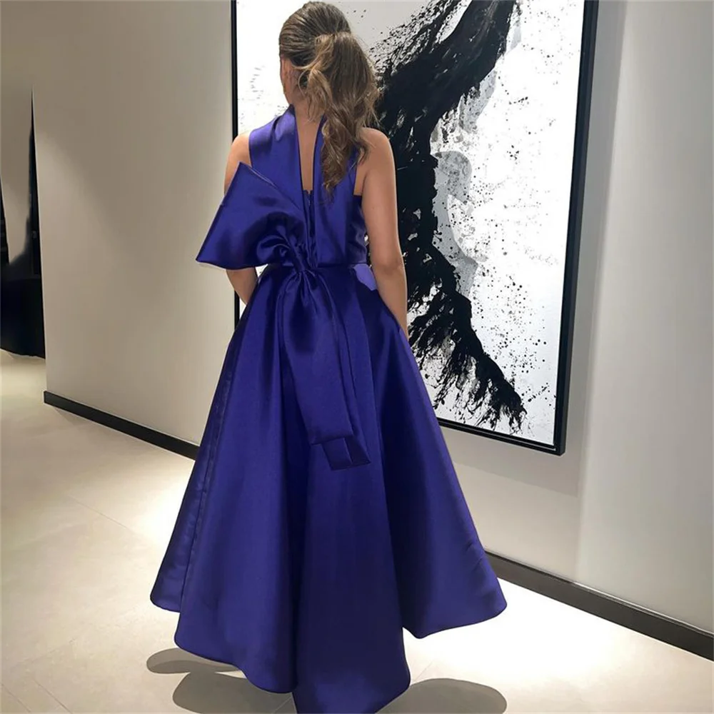 Tarot Purple Halter Short Prom Dresses Satin A Line Bow Vestidos De Fiesta Elegant 2024 Tea Length Saudi Evening Gown For Women