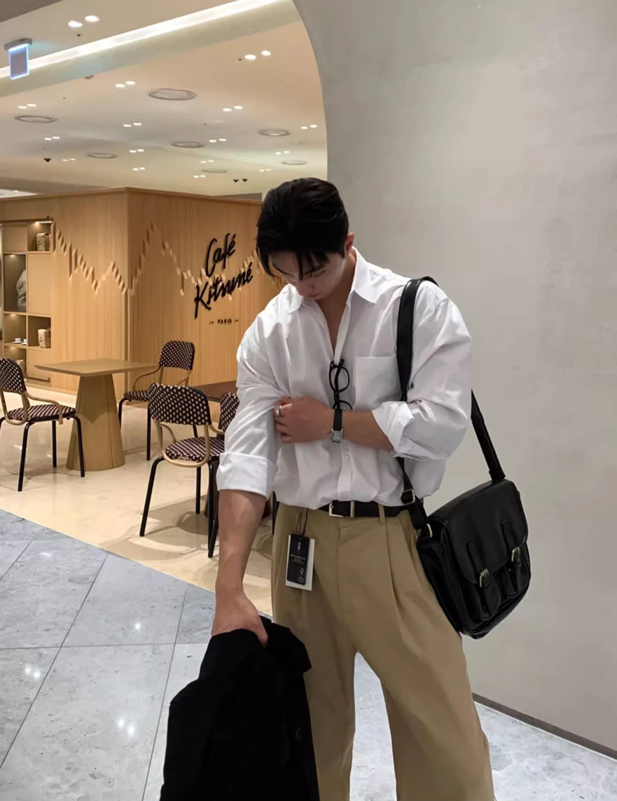 Americano retro azul masculino irt solto longo sve casual workwear proteção solar cor pura versátil na moda botão-up