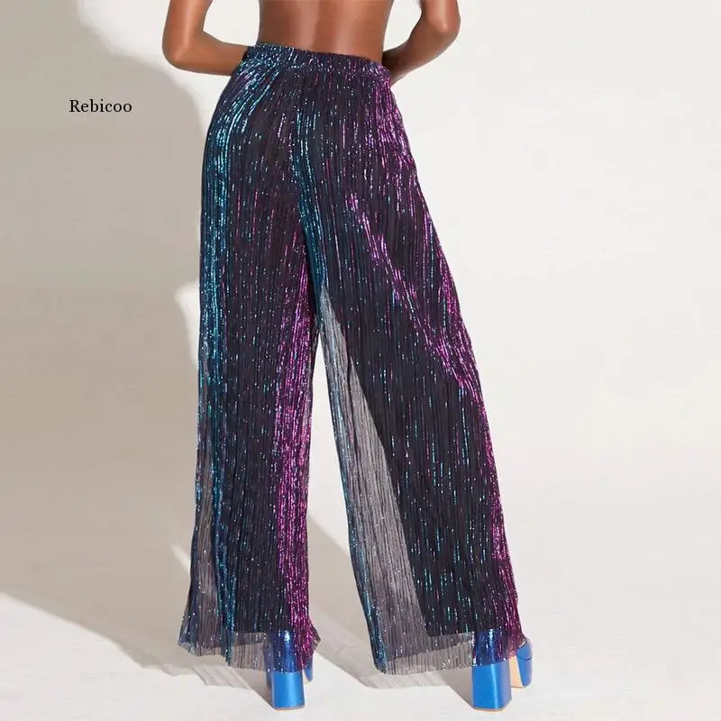 Fashion Glitter Bronzing Wire Double Layer Wide Leg Straight Mid Waist Pleated Pants for Women 2022 Holiday Casual Trousers