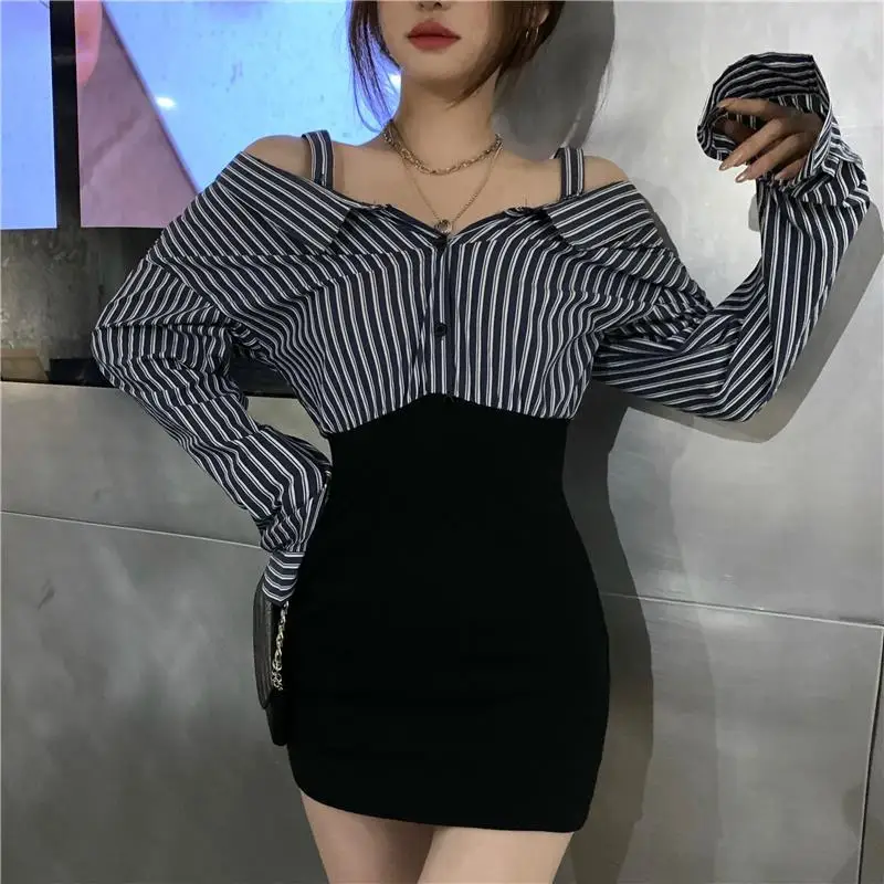 Sexy Fake Two Pieces Blouse Spring Summer New Long Sleeve Off Shoulder Striped Shirt Tops Trend Street Casual Women Clothing