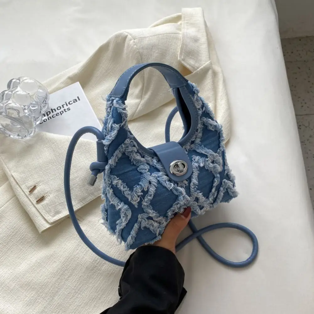 Gitter Einkaufstasche weiche Leinwand Stoff Umhängetasche rohe Kante Umhängetaschen für Frauen Dame