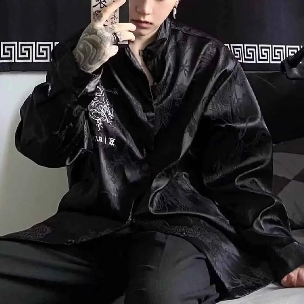 2025 Winter New Men's Embroidered Long-Sleeved Shirt American Retro Fashion Trendy High Street Loose Casual Niche Men's Top