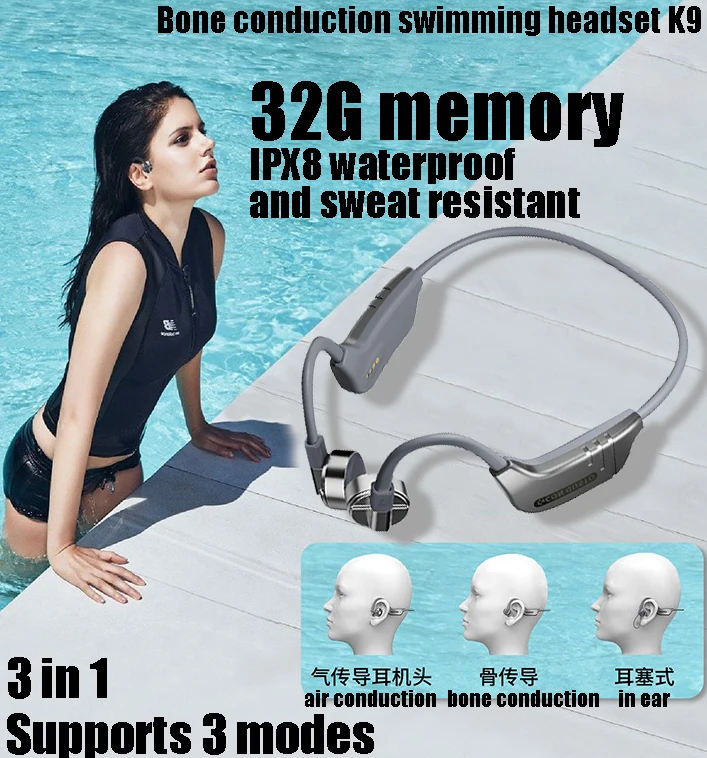 

3 In 1 IPX8 Waterproof Swimming Bone Conduction Earphones Noice Cancelling Headset Sports Running Headset Earbuds With Mic