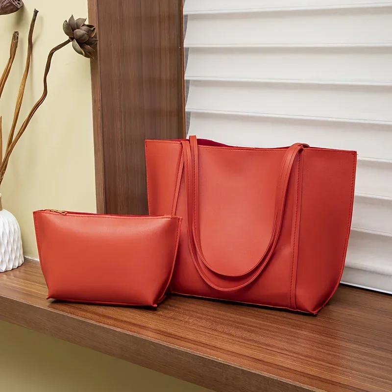 2 Pcs Women's Black Handbag Set, Large Capacity Bag, Magnetic Closure, Versatile Retro Tote Bag, Daily Casual Shoulder Bags
