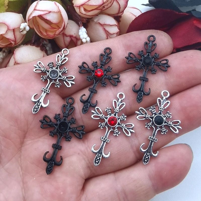 10pcs 22*33mm Gothic Punk Cross Crystal Pendant  Vintage Earrings Bracelet Metal Accessories DIY Charm Jewelry Crafts Making