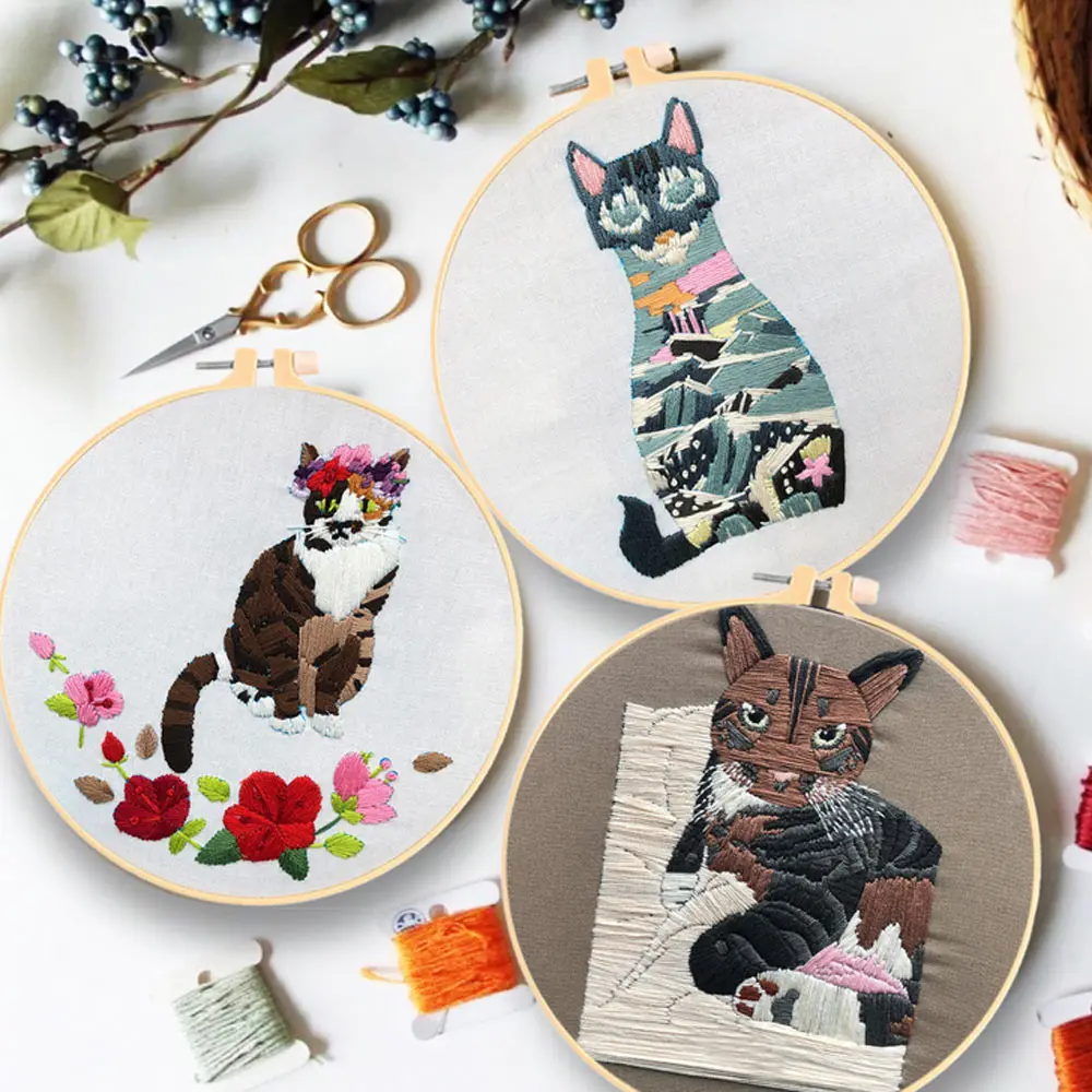 Unfinished Starter DIY Embroidered Kit Animal Pet Cat Pattern Needlework Sewing Cross Stitch Set European Material Package
