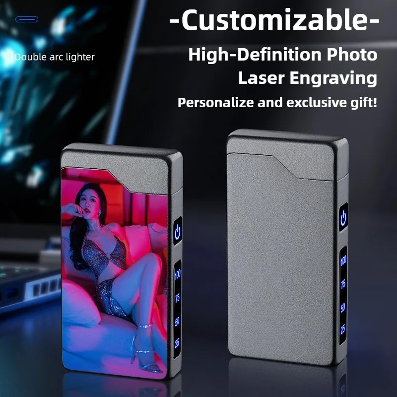 Double Arc Lighter with LED Power Display Windproof Metal Body Type-C Charging Custom Engrave for Outdoor Survival