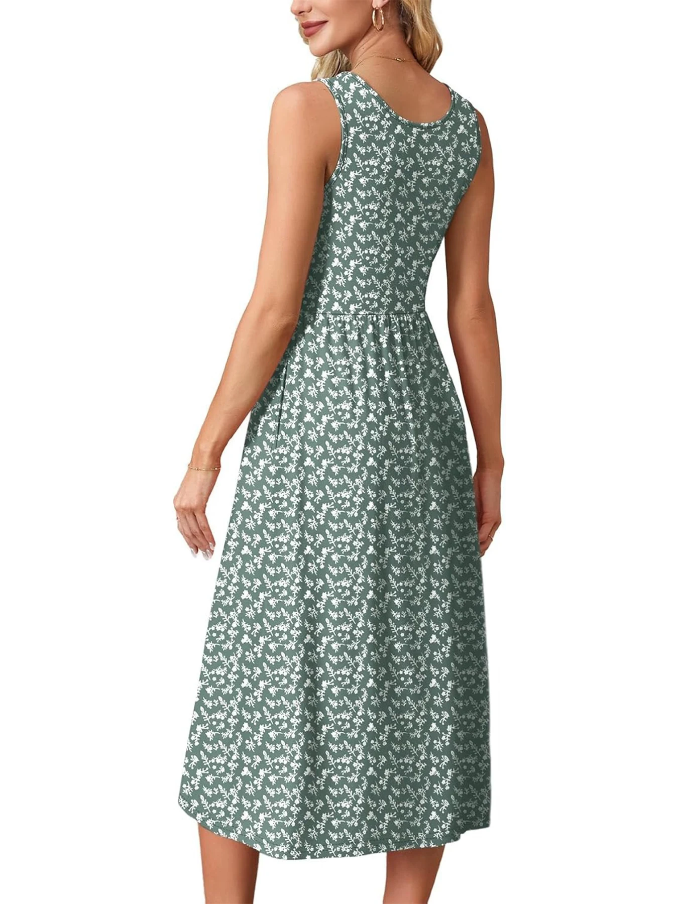 2026 Sommer Neue Kleider für Damen Bedrucktes Lässiges Midikleid Modisches Ärmelloses Rundhals-Strandkleid mit Taschen – Detail 3