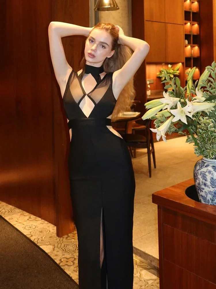 Sexy Ärmelloses Aushöhlen Mesh Patchwork Verband Kleid Frauen Schwarz Neckholder Split Lange Bodycon Kleider Abend Party Kleider