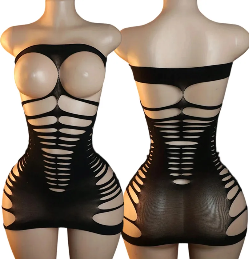 Sexy Black Mesh Bodysuit, Strapless Design, Elegant One-Piece Mesh Outfit, For Women, Nylon Material, Knitted Structure,