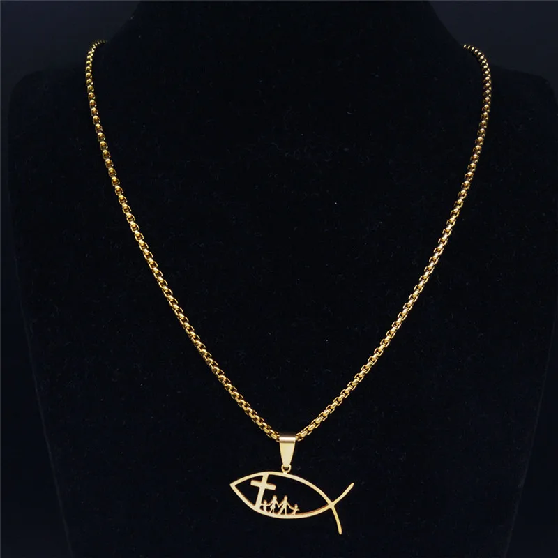 Ichthys Christ Fish Cross Family Pendant Necklace for Women Men Stainless Steel Gold Color Chain Jewelry collares N1469S02