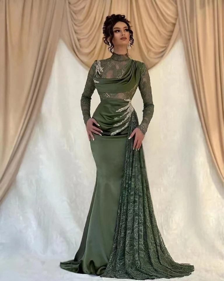 Customized Luxury Green High-Neck Lace Appliques Beadings Satin Mermaid Prom Dresses Long Sleeves Evening Wedding Party Gown