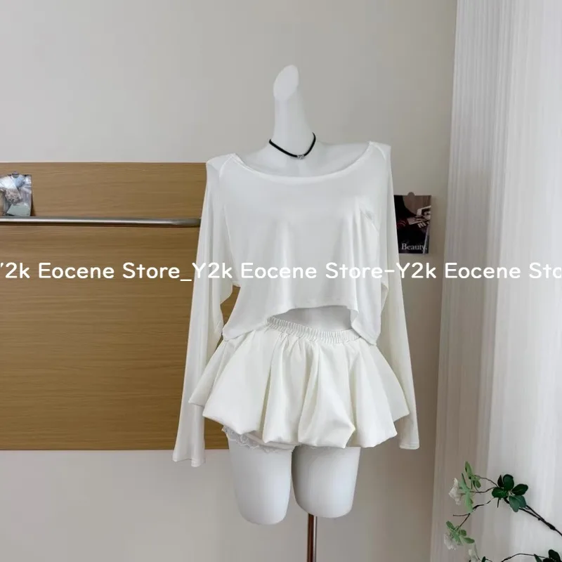 Harajuku Off Shoulder Design Chic Suits Women Casual Y2k Tops +  A-line Mini Shorts Skirt Low Waist Spicy Girls Streetwear Set image 5