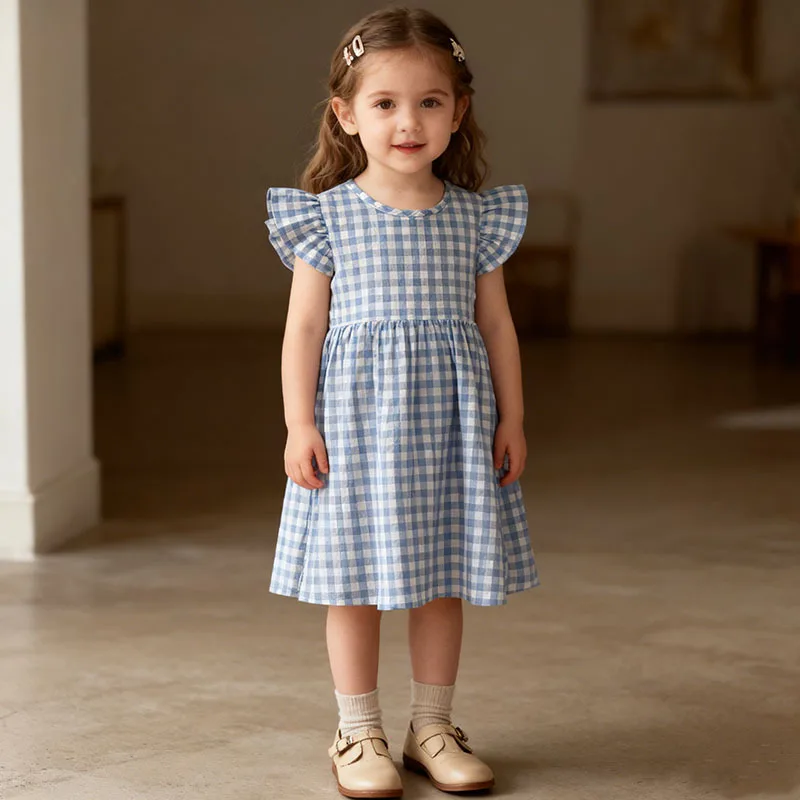 

Summer New Girls' Dress Baby Girl Flutter Sleeve Plaid Tank Dress Girl Baby Casual Dress Cotton