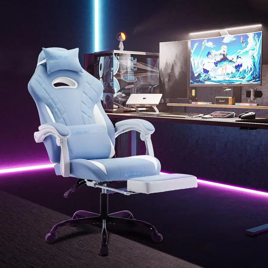 Chair with Footrest and Massage Lumbar Support, Ergonomic Computer Gamer Chair, Office Video Game Chairs Cyan White