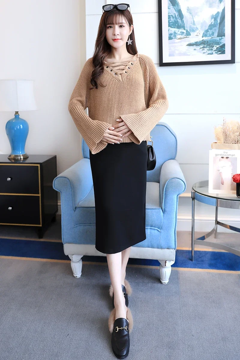 Maternity High Waist Belly Skirts Pregnant Women Empired Belly Skirts Mid-Calf Pencil Skirts Office Long Straight Skirt