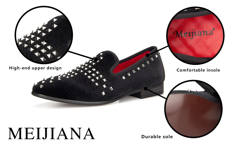 Men Black Studded Velvet Loafers Slip-On Punk Style Dress Shoes Red Inner Footwear for Men Party Wedding Daily Wear