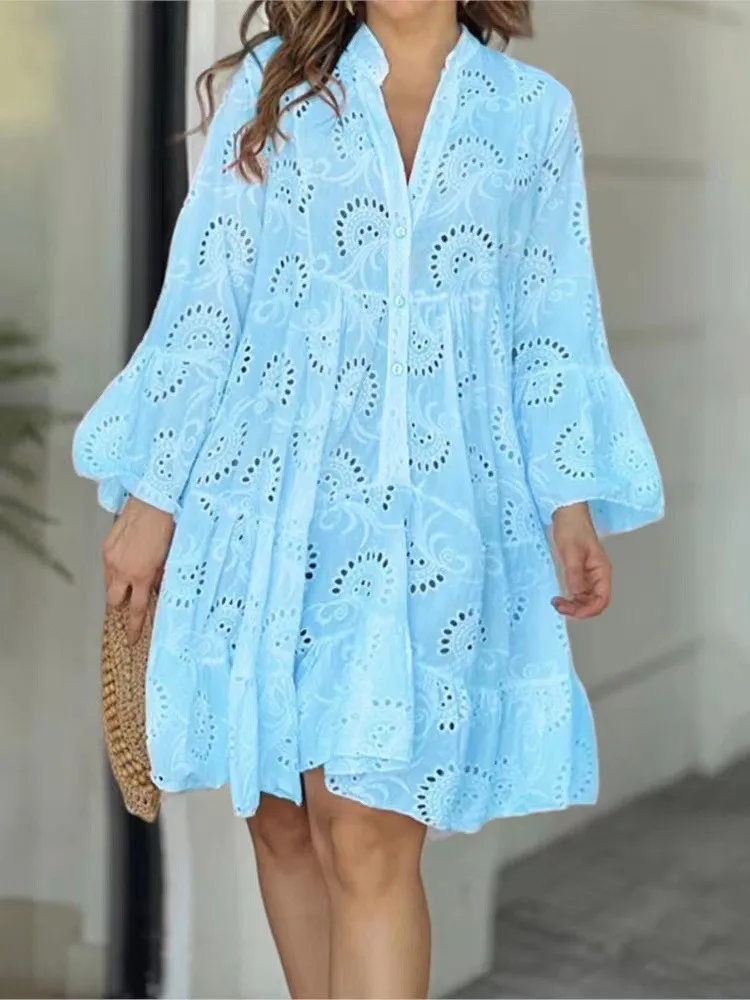 Spring Summer Women\'s New Solid Color Sexy V-neck Loose Fashion Embroidered Hollow Lace Flare Sleeves Long Sleeved Dress