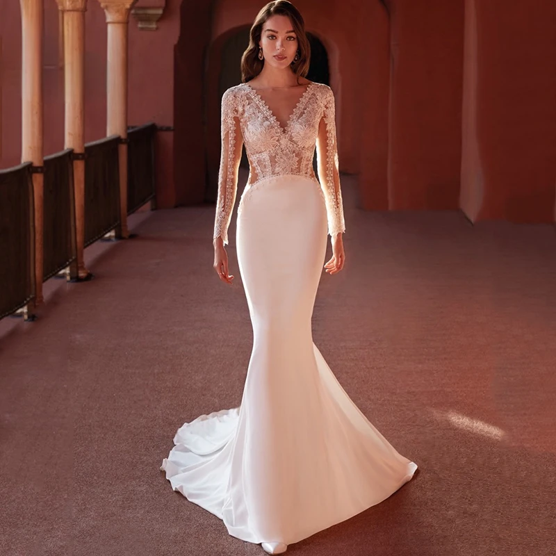 Deep V-Neck Sexy Mermaid Wedding Dresses  Embroidered Lace Long Sleeves Illusion Back Sweep Train Bridal Gown Vestidos De Noiva