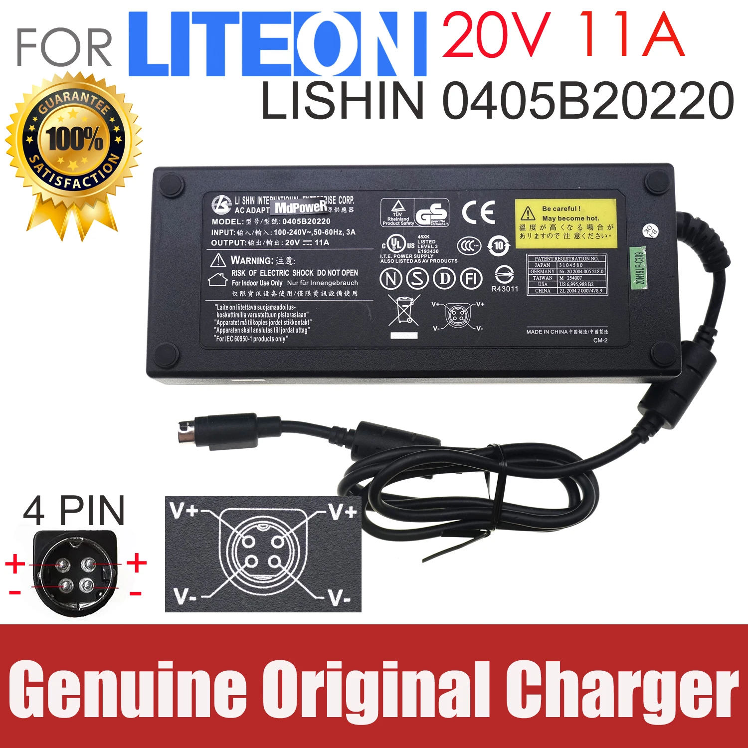 

Genuine for AC Adapter LI SHIN 0405B20220 20V 11A 220W for CLEVO D-9T D-900 D9K D900T D90T D900F NB9280 NP9880 M590KE PA-1221-03
