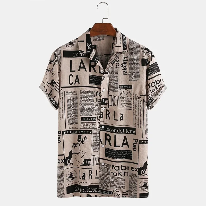 

2024 Casual Vintage Men's Short Sleeve Shirt Newspaper Print Vacation Hawaiian Shirt Plus Size S-5XL