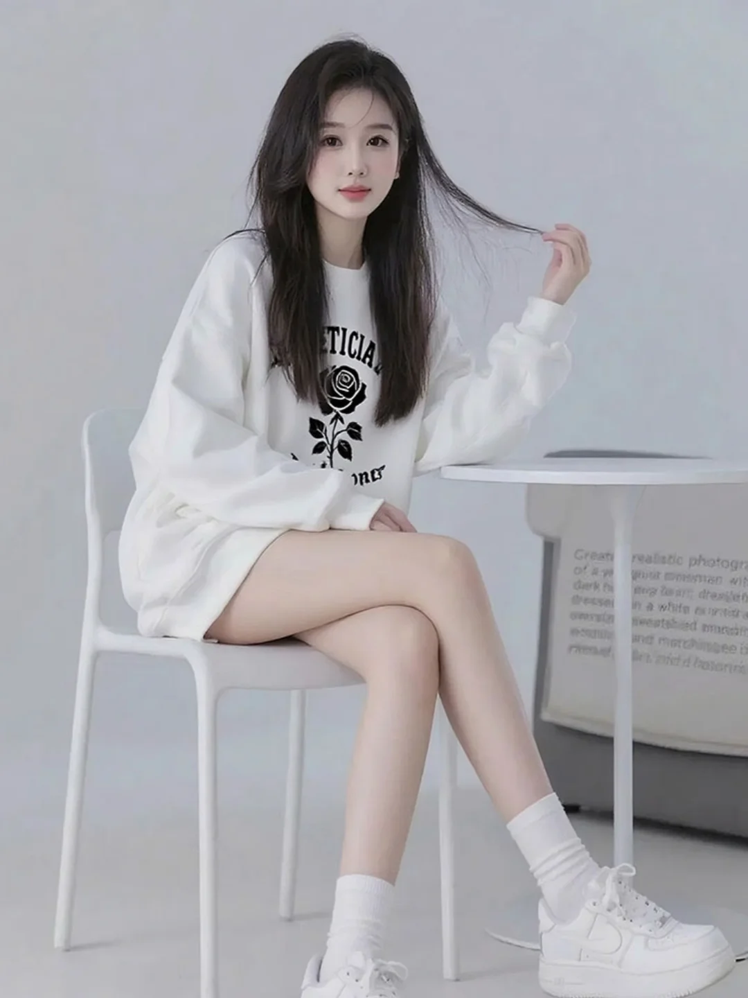 

Белый свитшот с круглым вырезом и принтом розы, женский, уникальный, красивый, в корейском стиле, уютный, милый топ для осеннего сезона, из полиэфирного волокна